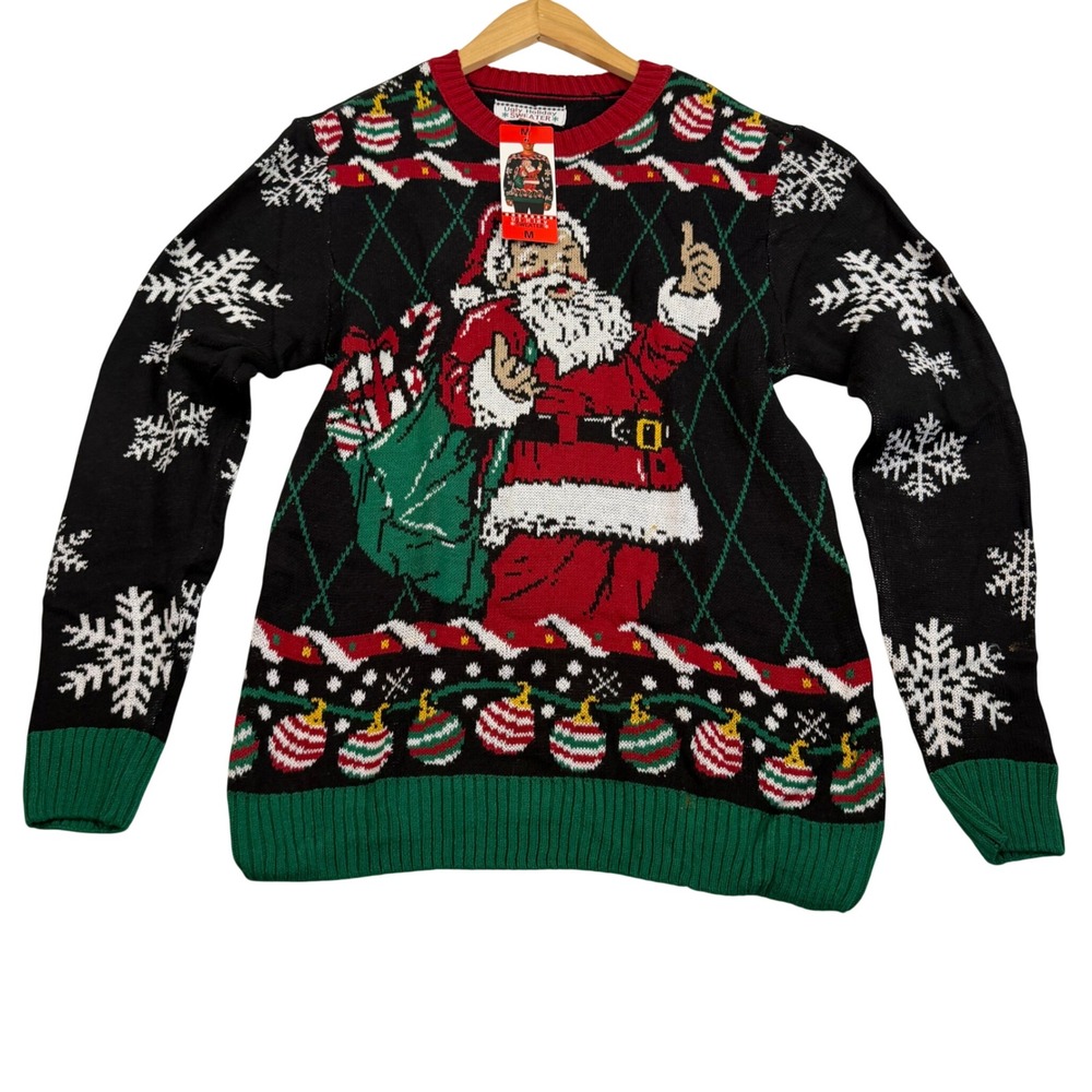 Ugly Holiday Sweater Mens Medium Black Santa Claus Snowflake Christmas Knit NEW
